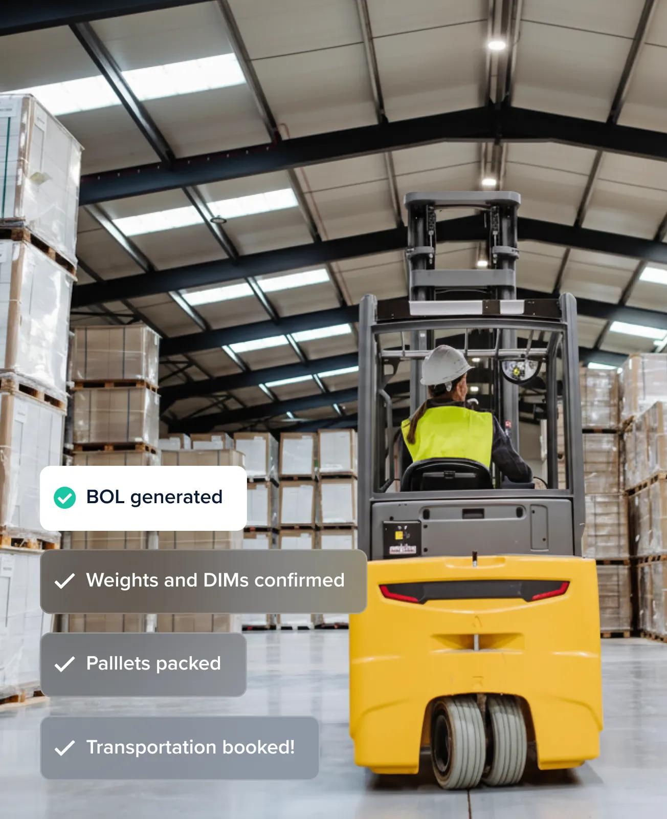 A worker operating a yellow forklift in a large warehouse with stacked pallets and a checklist overlay showing completed tasks: BOL generated, weights and dimensions confirmed, pallets packed, and transportation booked.