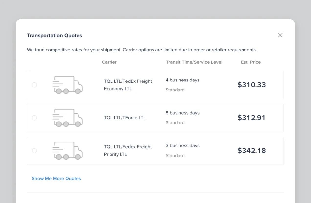 Transportation quotes listing three carrier options with transit times from 3 to 5 business days and estimated prices ranging from $310.33 to $342.18.