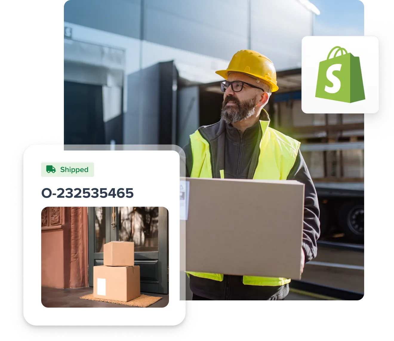 Delivery worker in a yellow safety vest and helmet holding a cardboard box outside a building with a shipment tracking graphic and Shopify logo.