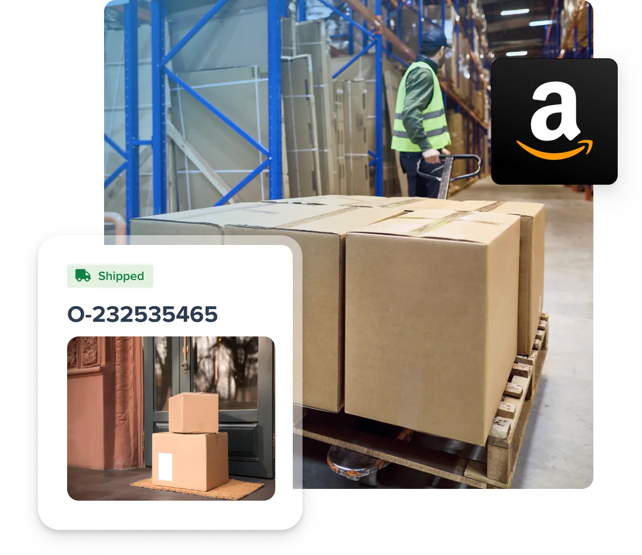 Warehouse worker handling a pallet of cardboard boxes with a shipping status update showing two boxes delivered at a doorstep and an Amazon logo.