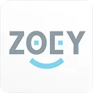 Logo with the word ZOEY in gray letters and a blue smile curve beneath the O and E.