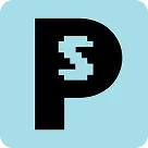 Black letter P with a pixelated dollar sign inside on a light blue background.