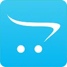 White shopping cart icon with two wheels on a blue square background.