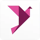 Geometric stylized bird icon in shades of pink and purple on a white background.