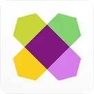 Abstract geometric design with four overlapping rounded diamond shapes in green, purple, yellow, and pink.