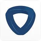 Blue triangular looped shape logo with rounded edges on white background.