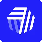White geometric hexagon logo with layered vertical and horizontal striped elements on a blue background.