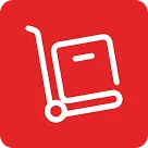 White hand truck with a box icon on a red background representing inventory or shipping.