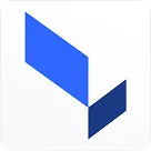 Abstract geometric logo with two parallelograms forming an open box shape in blue tones.