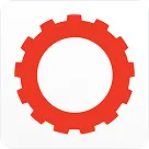 Red gear icon with white center on a white background.