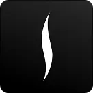 White stylized flame or leaf shape on a black background.