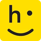Yellow square with a stylized smiley face formed by a black letter h, a dot, and a curved line.