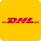 DHL company logo in red on a yellow background.