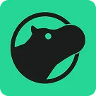 Black silhouette of a hippo head inside a circle on a teal background.