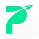 Green stylized paper airplane and curved arrow icon on white background.