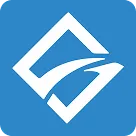 Abstract white geometric shape resembling a stylized S on blue background.