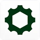 Green gear icon with a hexagonal hole in the center on a white background.