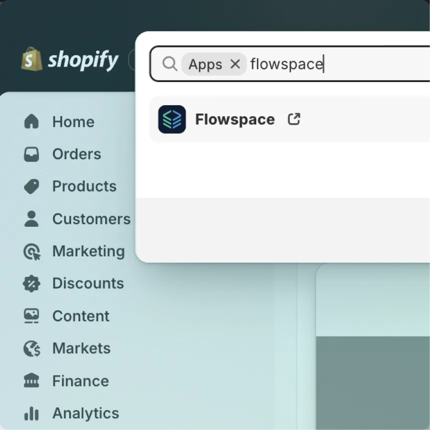 Shopify admin dashboard with a search bar showing a search for 'Apps' with the term 'flowspace' and the Flowspace app displayed as a result.