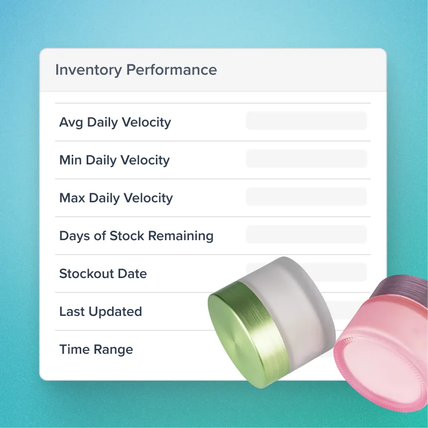 Dashboard showing inventory performance metrics including average, minimum and maximum daily velocity, days of stock remaining, stockout date, last updated time, and time range with two cosmetic jars in the foreground.