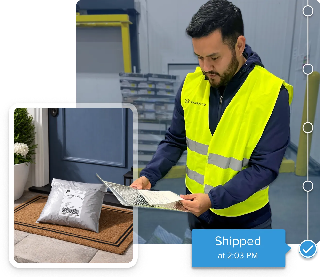 Man in a yellow safety vest checking a shipping label while an image inset shows a gray package on a doormat with a 'Shipped at 2:03 PM' notification.