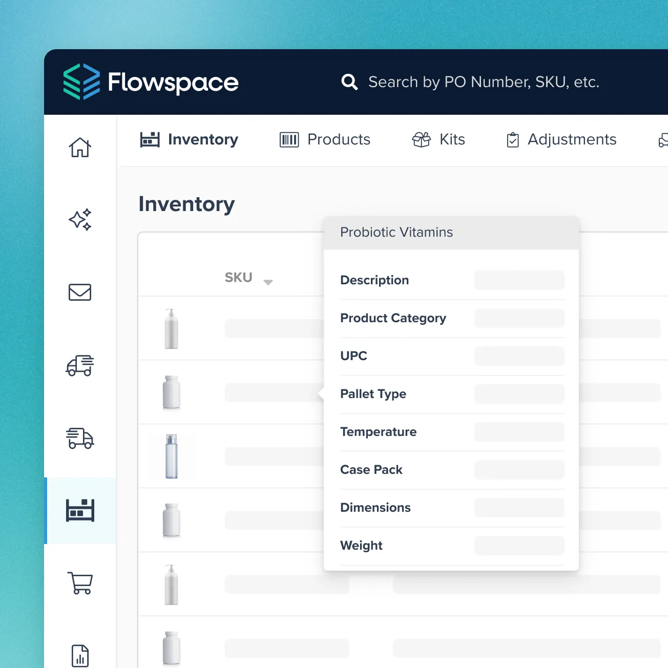 Flowspace inventory management dashboard showing product list with SKU images and a detailed tooltip for Probiotic Vitamins including description, category, UPC, pallet type, temperature, case pack, dimensions, and weight.