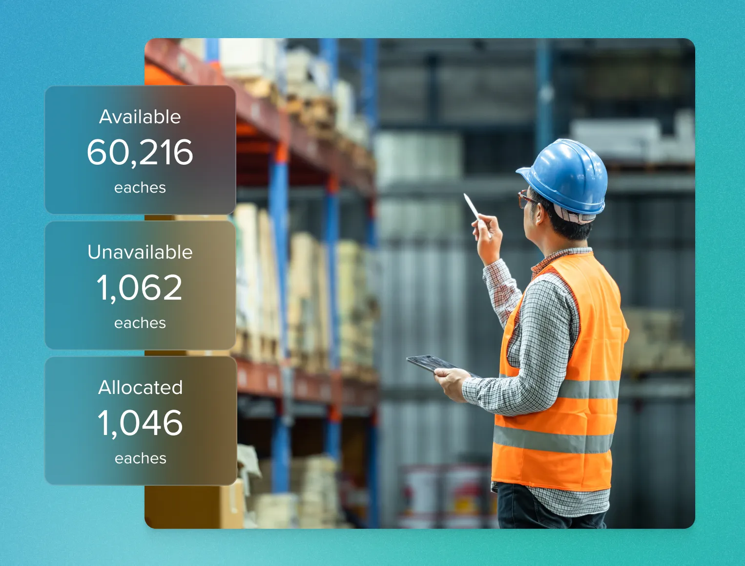 Warehouse worker in an orange safety vest and blue helmet using a tablet to check inventory in front of stocked shelves with inventory count overlays showing available 60,216, unavailable 1,062, and allocated 1,046 eaches.