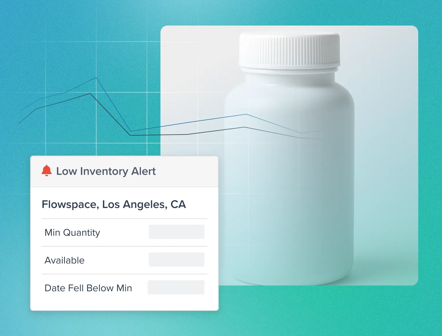 Low Inventory Alert notification for Flowspace, Los Angeles, CA, displayed next to a white medicine bottle on a teal background with line graph details.