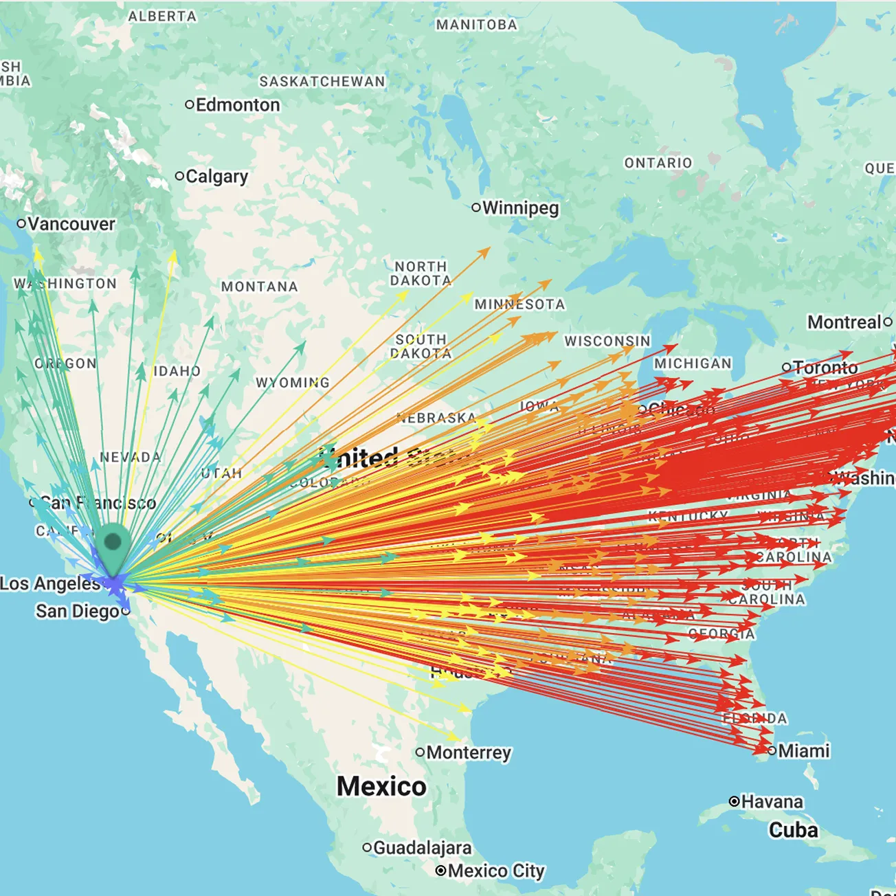 Map showing numerous directional lines originating from Southern California towards various destinations across the United States and parts of Canada and Mexico, with line colors ranging from green to red.