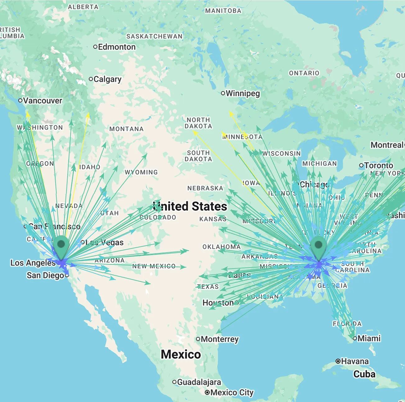 Map of the United States showing two central points in Los Angeles and Atlanta with numerous arrows radiating outward indicating connections or routes across the US and parts of Canada and Mexico.