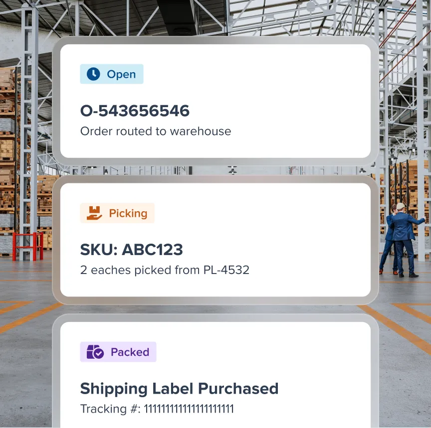 Warehouse order status cards showing Open order routed to warehouse, Picking SKU ABC123 with 2 eaches picked, and Packed shipping label purchased with tracking number.
