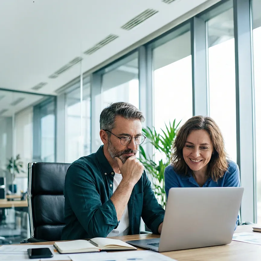 Two coworkers, a man and a woman, collaborating and looking at a laptop screen in a bright modern office.