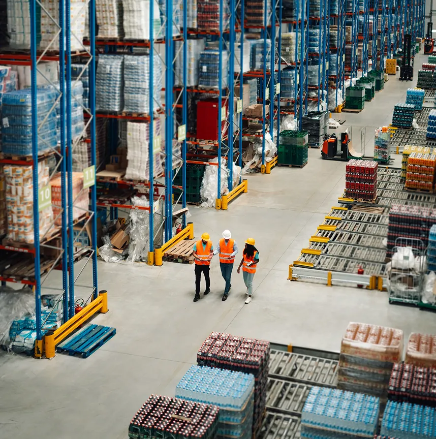 Three warehouse workers wearing safety vests and helmets walking between tall shelves stacked with packaged goods and pallets.