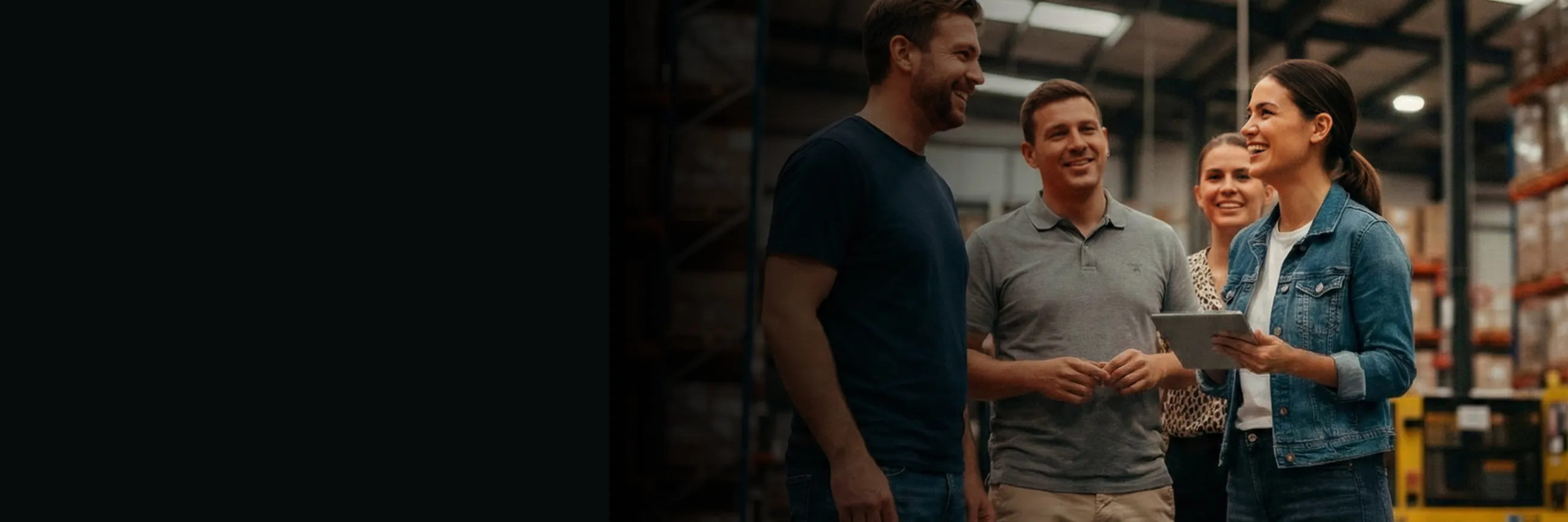 Four colleagues standing in a warehouse, smiling and discussing with a tablet in hand.