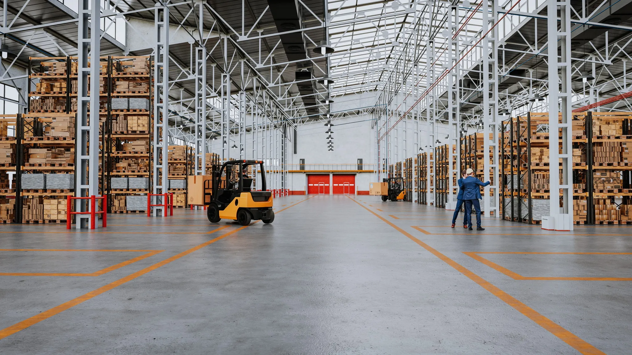 Spacious warehouse interior with tall shelves filled with boxes, two forklifts carrying cargo, and two men in suits discussing near the right side.