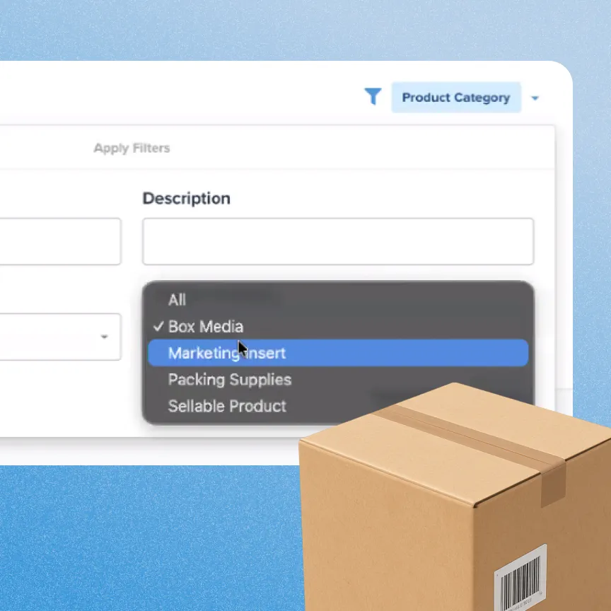 Dropdown menu for product category selection showing options like Box Media, Marketing Insert, Packing Supplies, and Sellable Product with a cardboard box with barcode in the foreground.
