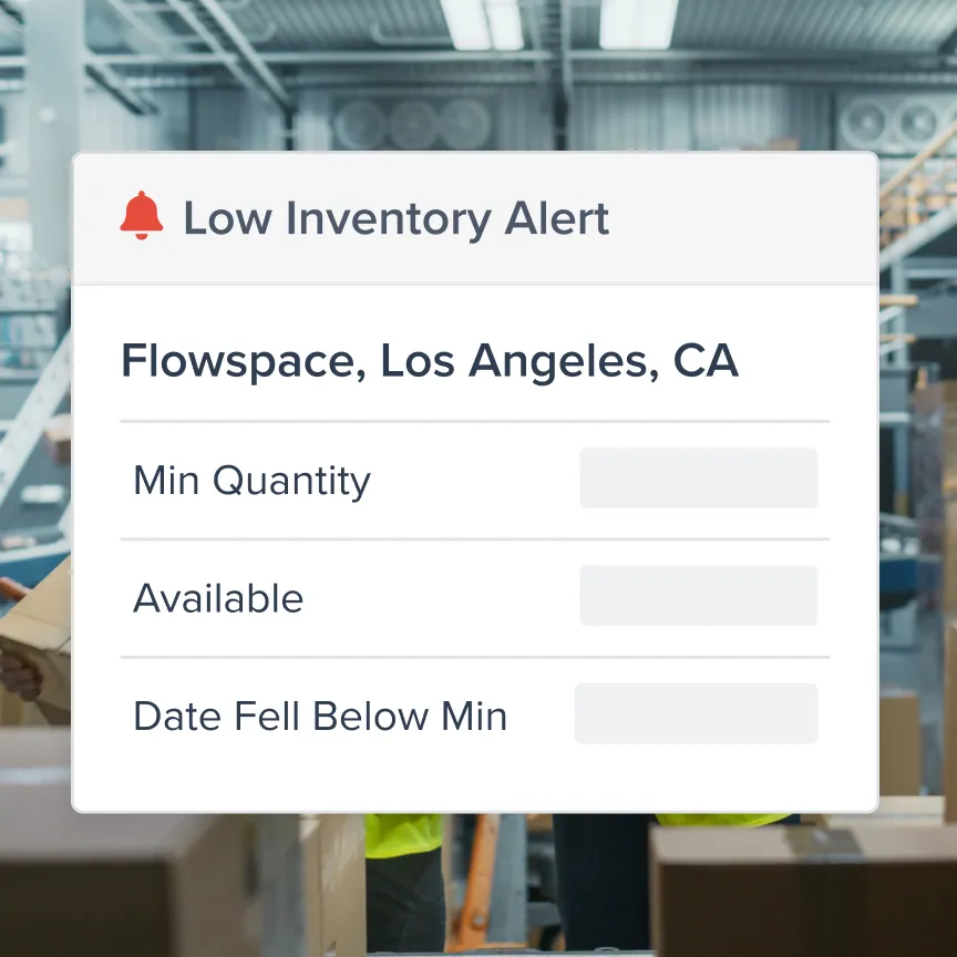 Notification panel titled 'Low Inventory Alert' for Flowspace, Los Angeles, CA, showing fields for Min Quantity, Available, and Date Fell Below Min.