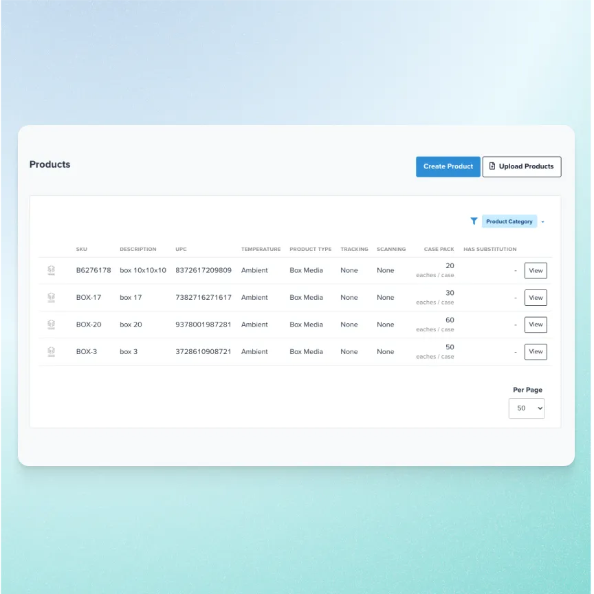 Product inventory table listing SKU, description, UPC, temperature, product type, tracking, scanning, case pack quantity, and substitution status with options to create or upload products.