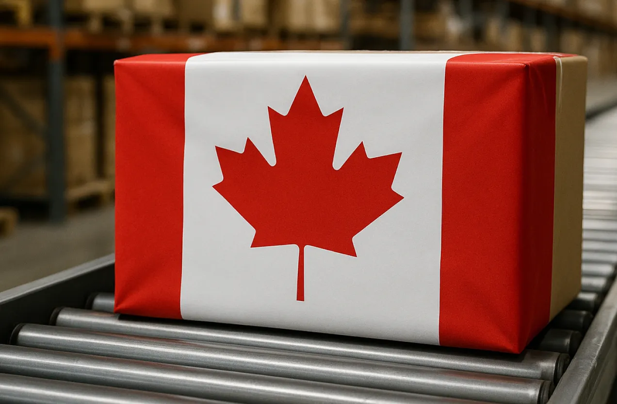 Package wrapped with Canadian flag design on a conveyor belt in a warehouse.