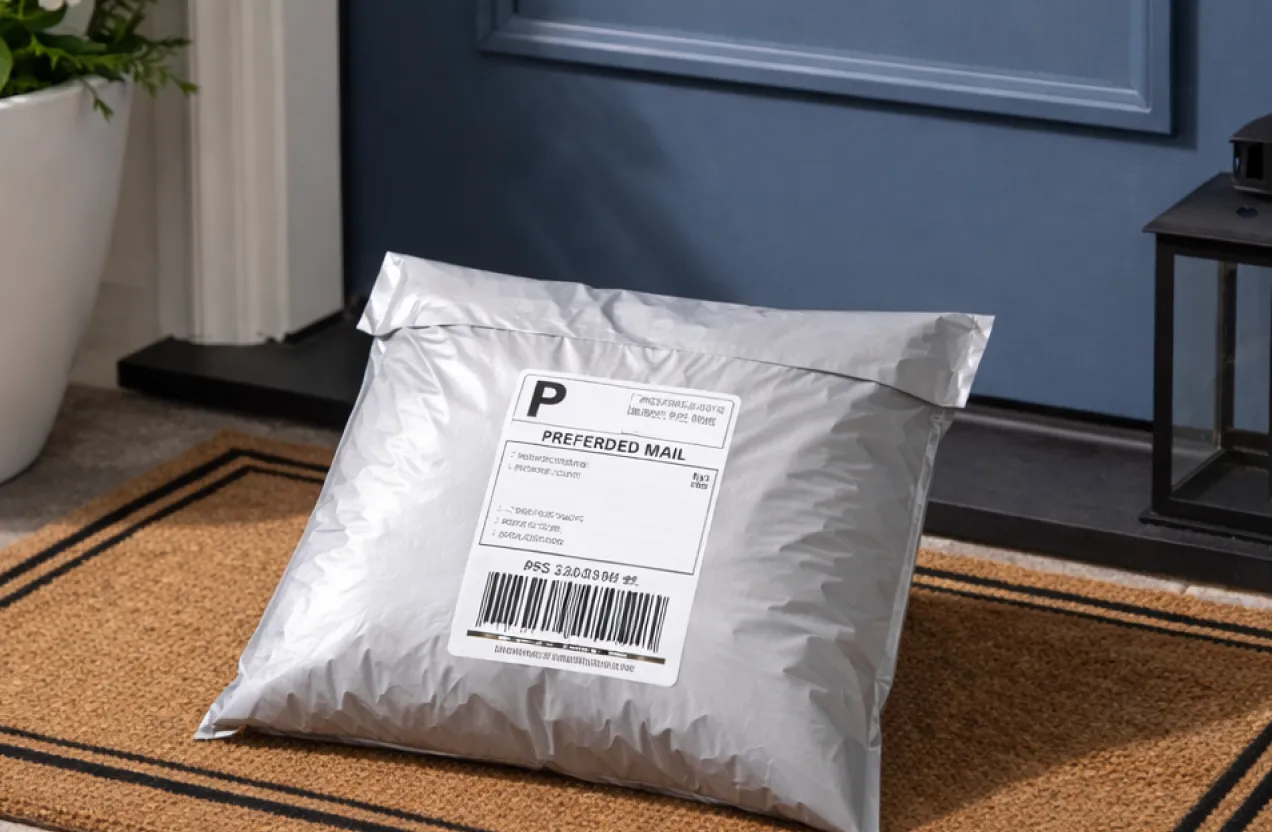 Silver poly mailer package with a Preferred Mail shipping label on a brown doormat in front of a blue door.