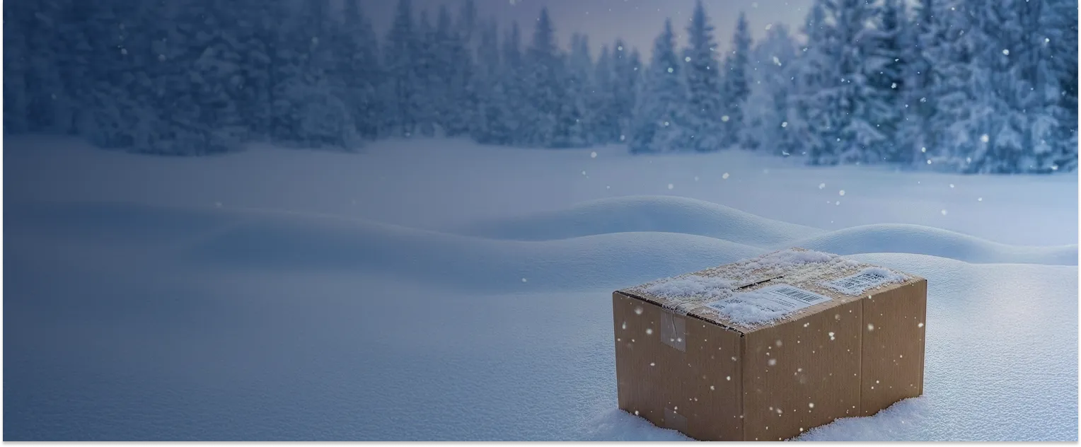 A cardboard box covered with snow sits on a snow-covered field with snow falling and pine trees in the background.