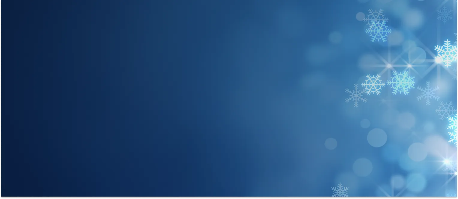 Blue gradient background with translucent snowflakes and light bokeh effects on the right side.