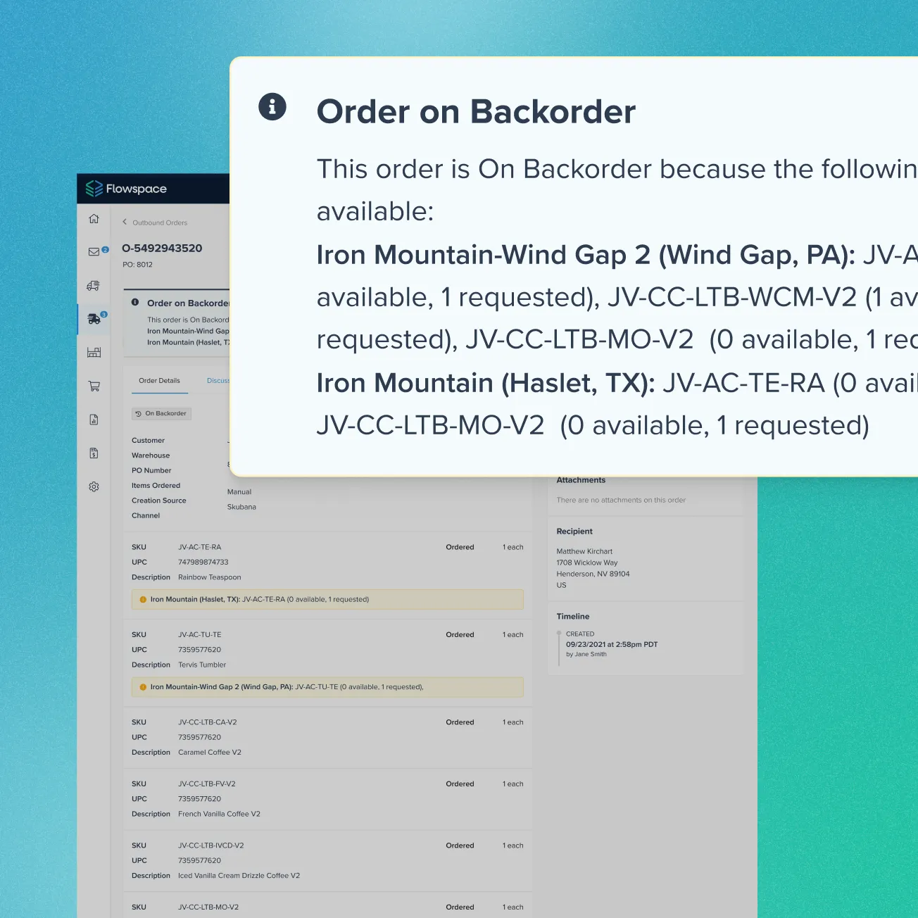 Screenshot of a software interface showing an order flagged as 'Order on Backorder' with details of item availability and requested quantities for locations Iron Mountain-Wind Gap 2, PA and Iron Mountain, Haslet, TX.