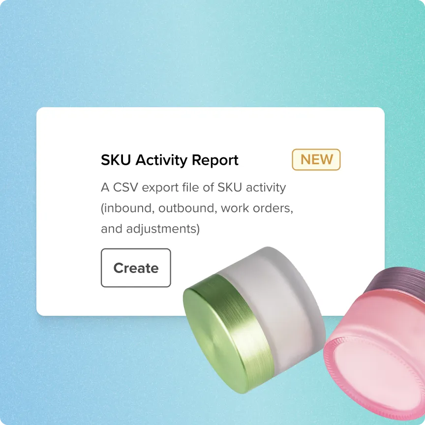 SKU Activity Report panel with description of CSV export for SKU activity and a Create button, alongside two cosmetic jars with green and pink lids.