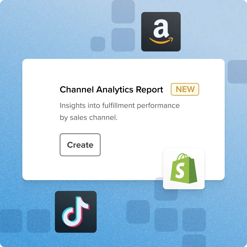Channel Analytics Report card on blue background featuring Amazon, TikTok, and Shopify logos, with a Create button and a NEW label.