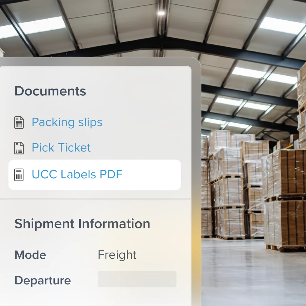Warehouse interior with stacked pallets wrapped in plastic and a software interface showing document options and shipment information.