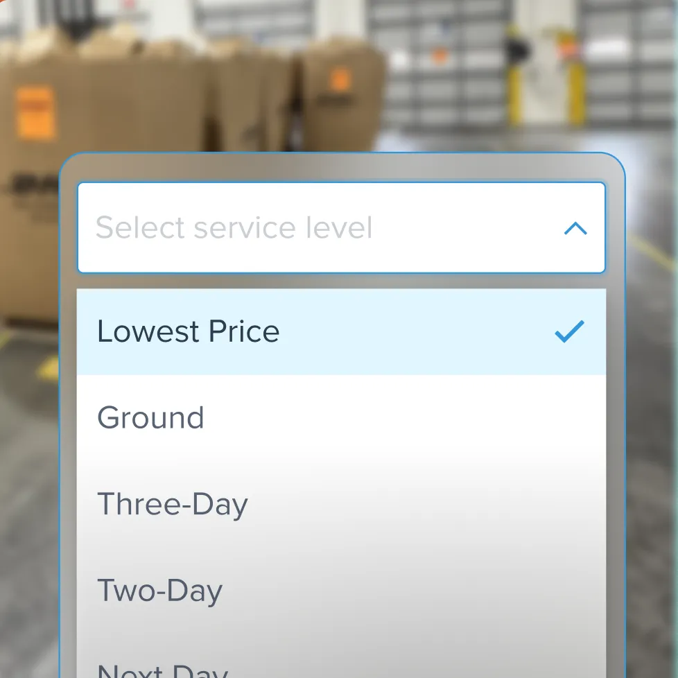 Dropdown menu on a shipping platform with service level options including Lowest Price, Ground, Three-Day, Two-Day, and Next Day, with Lowest Price selected.