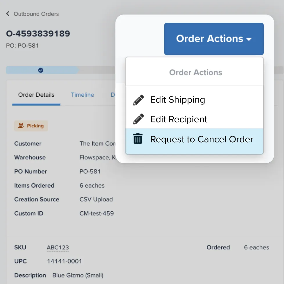 User interface showing outbound order O-4593839189 with an Order Actions dropdown menu open, displaying options to Edit Shipping, Edit Recipient, and Request to Cancel Order.