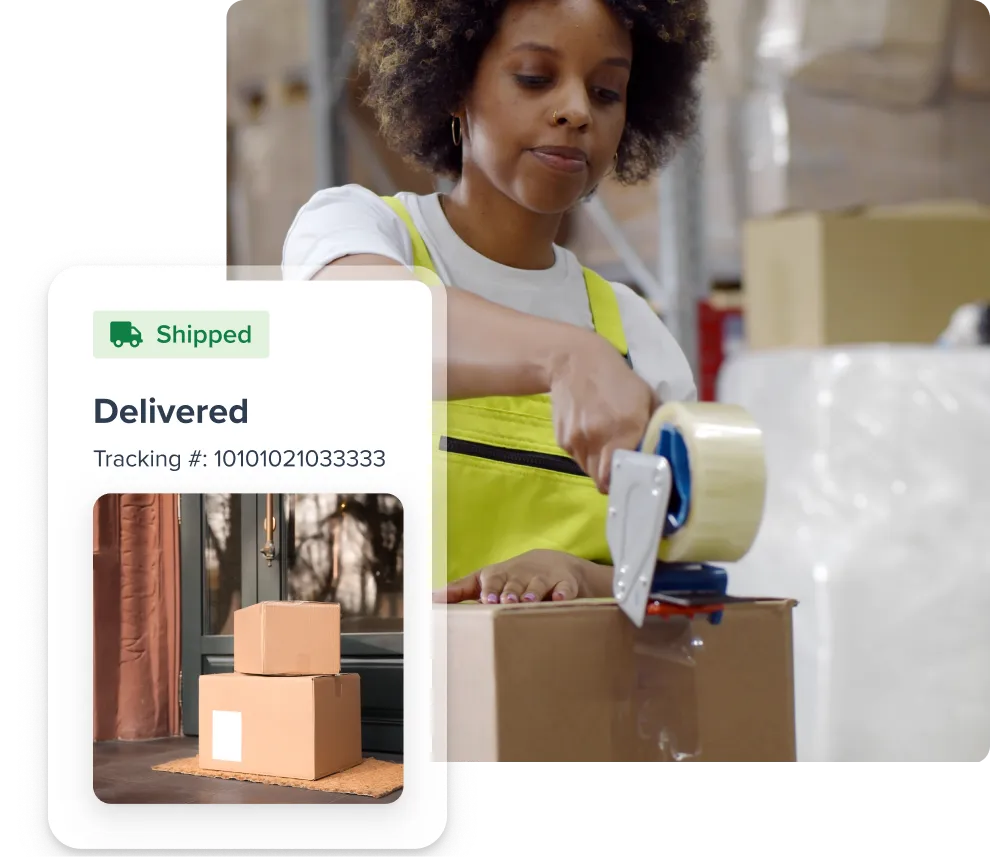 Woman wearing a yellow apron sealing a cardboard box with packing tape inside a warehouse, alongside a tracking notification showing a delivered status with two boxes on a doorstep.