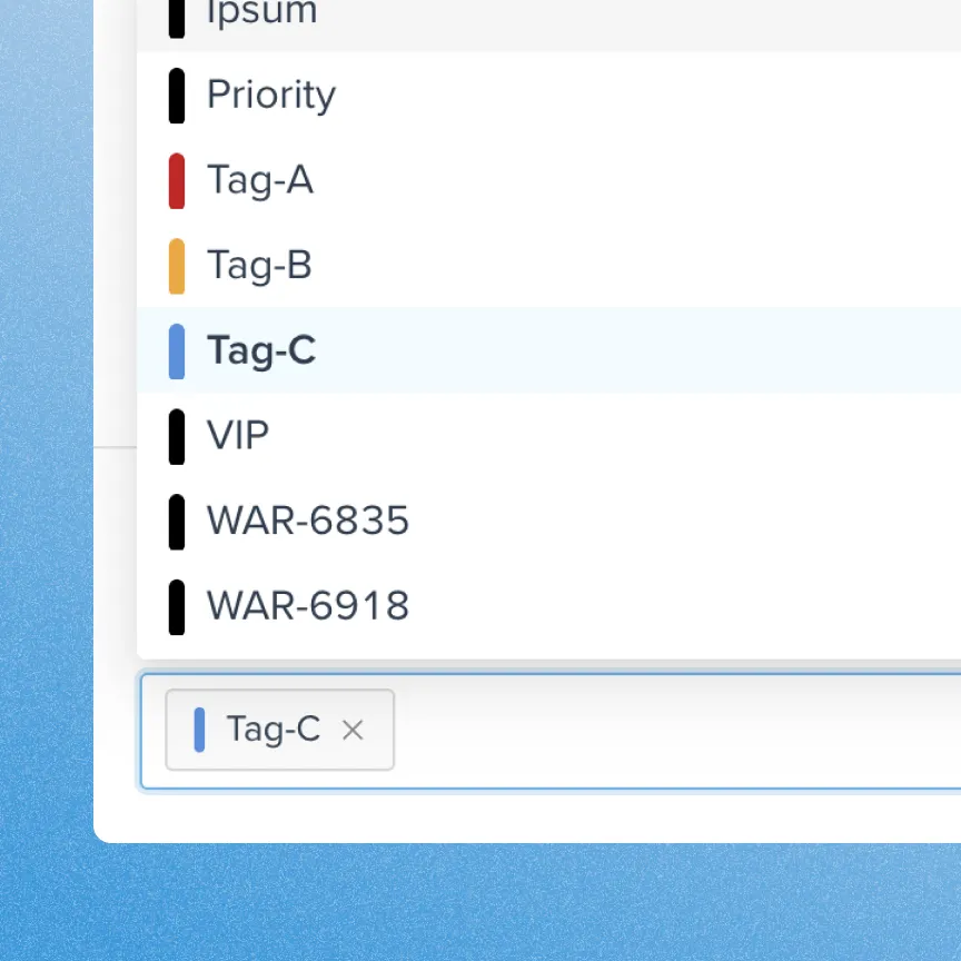 Dropdown menu showing selectable tags with colored markers including Tag-A in red, Tag-B in orange, and Tag-C in blue, with Tag-C selected.