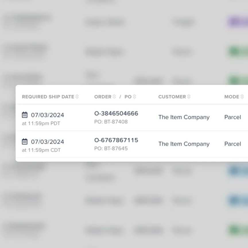 Table showing two shipment orders with required ship date 07/03/2024 at 11:59pm in PDT and CDT for The Item Company, both marked as Parcel mode.